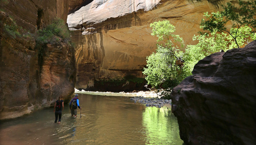 Two hikers wade through a river in a narrow canyon surrounded by towering rock formations and greenery.